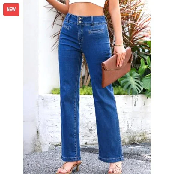 High Waisted Straight Leg Stretchy Jeans Wide Leg Denim Pants